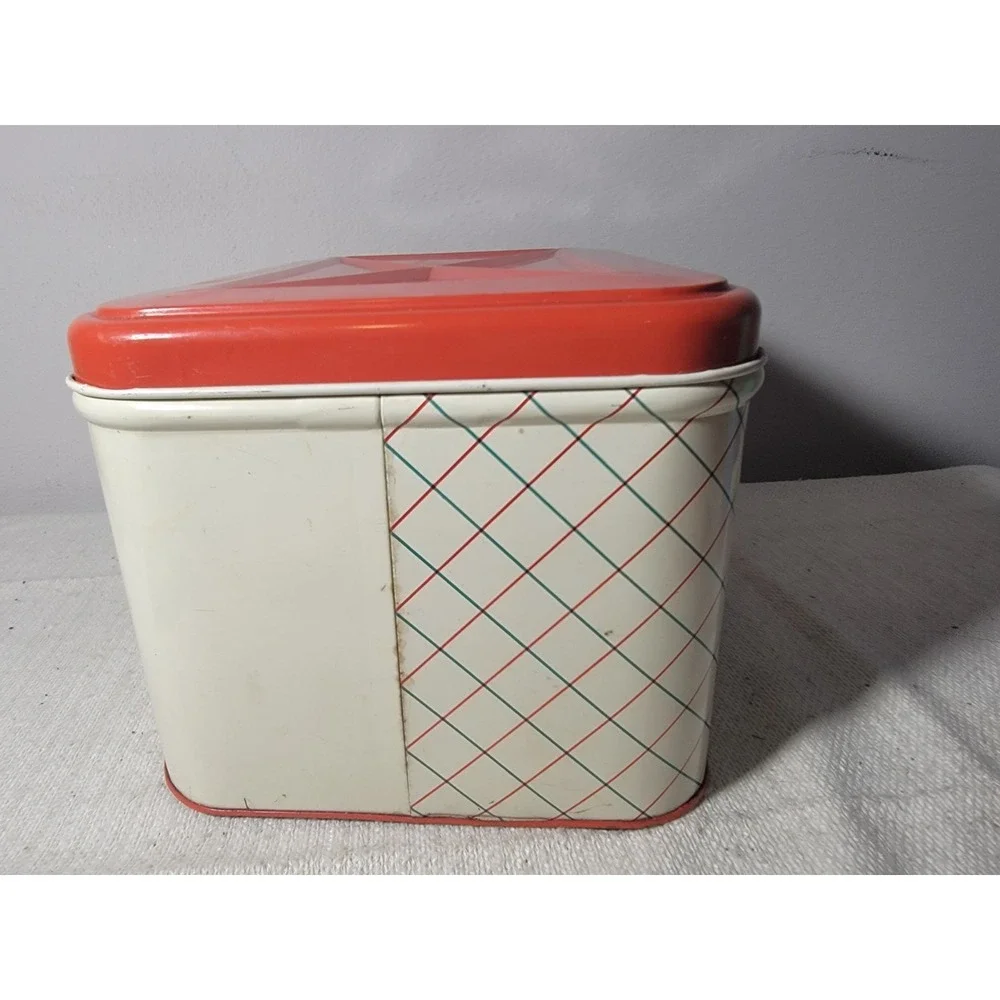 Vintage Tin Metal Breadbox Cream Red Floral Lattice Print Kitchen Storage Box